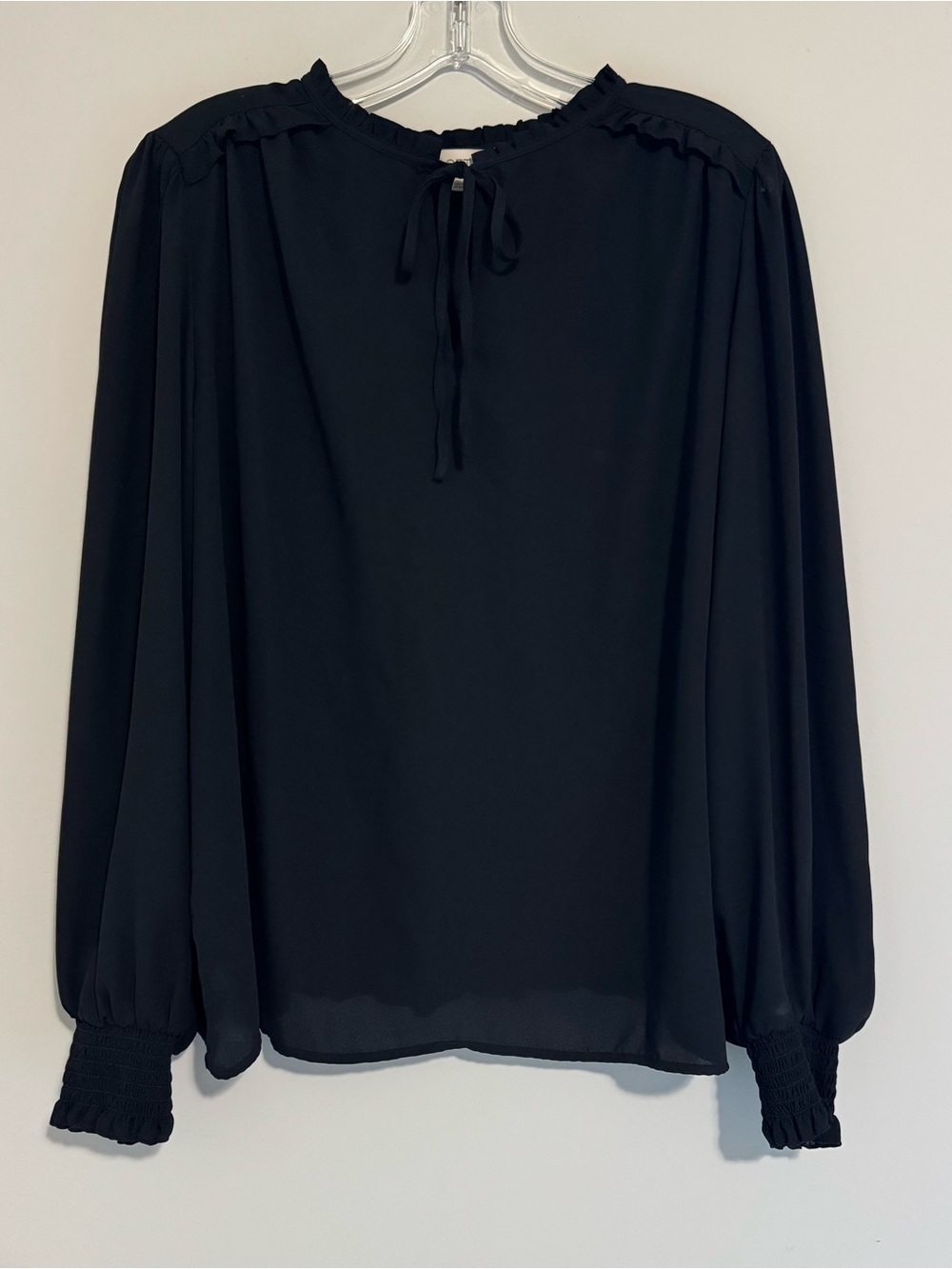 LOFT Black Tie-Neck Blouse with Smocked Cuffs